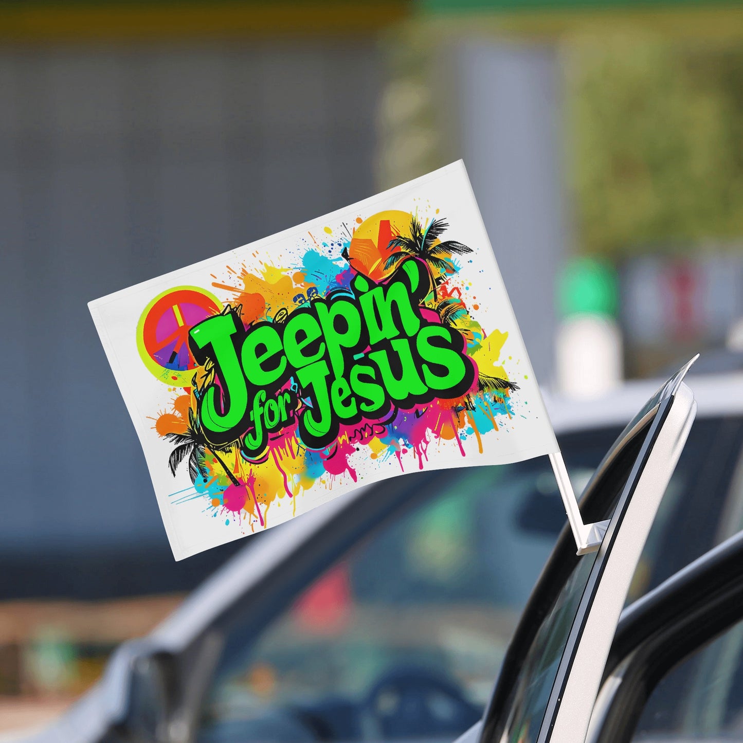 Jeepin for Jesus green Car Flag 12 x 18