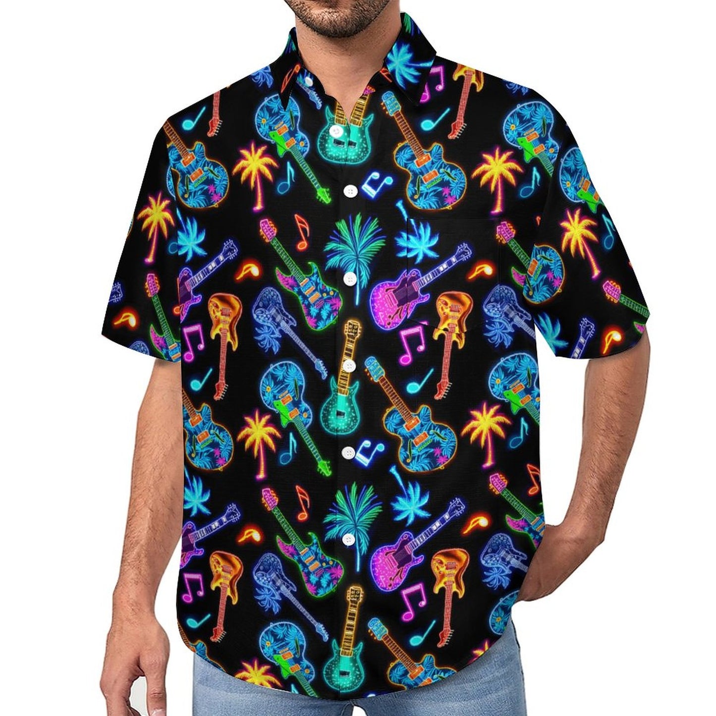 Slubbed Fabric Short Sleeve Guitar Hawaiian Shirt with Pocket