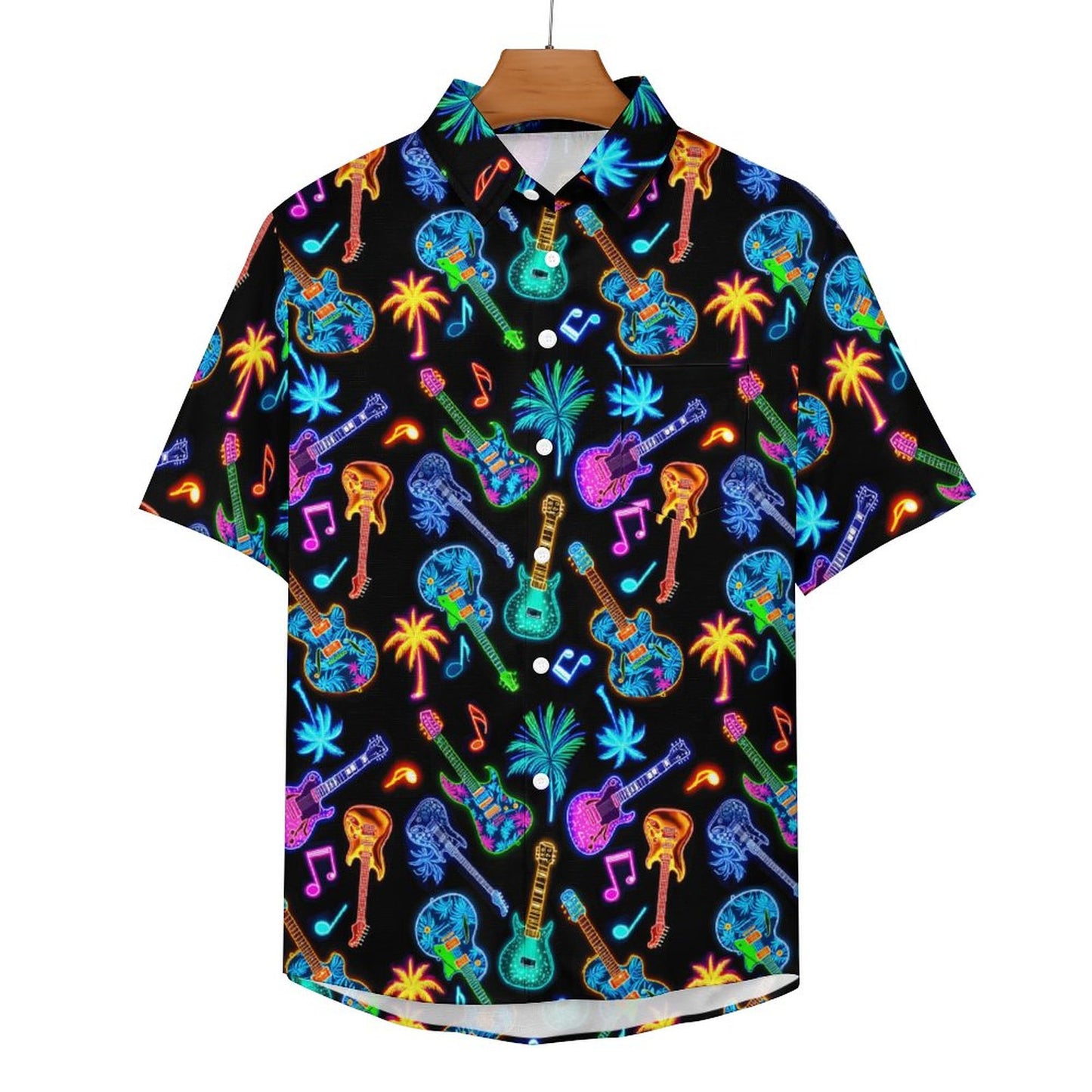 Slubbed Fabric Short Sleeve Guitar Hawaiian Shirt with Pocket