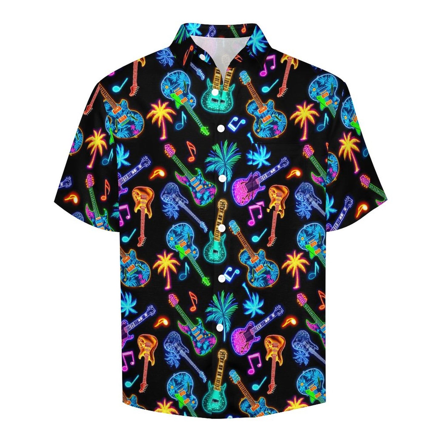 Slubbed Fabric Short Sleeve Guitar Hawaiian Shirt with Pocket