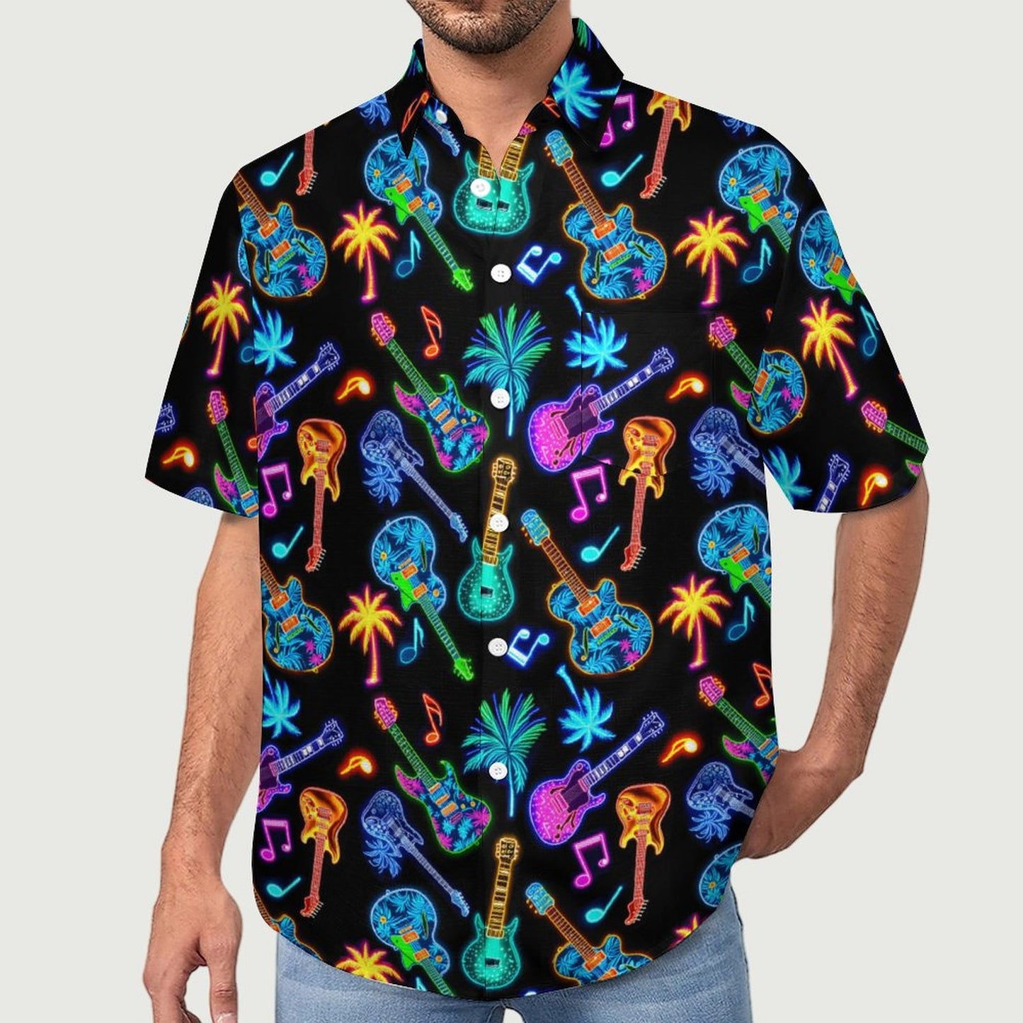 Slubbed Fabric Short Sleeve Guitar Hawaiian Shirt with Pocket