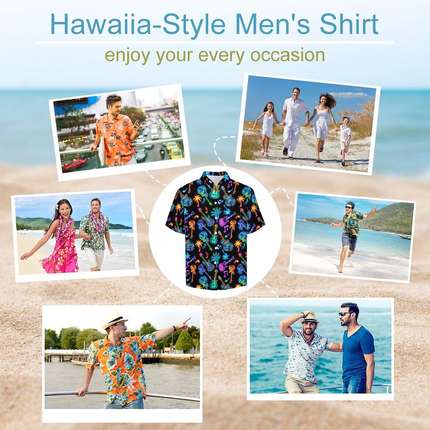 Slubbed Fabric Short Sleeve Guitar Hawaiian Shirt with Pocket
